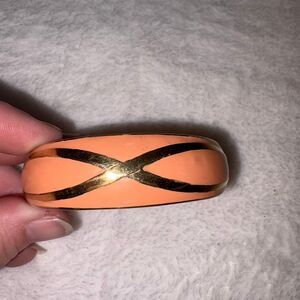 Peach Enamel Gold Tone Cuff Bracelet Abstract X Design Open Bangle